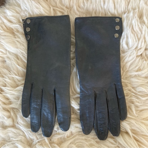 Vintage 80’s Naomi Misle Dark Grey Buttery Soft Leather Button Cuff Gloves - Picture 1 of 5
